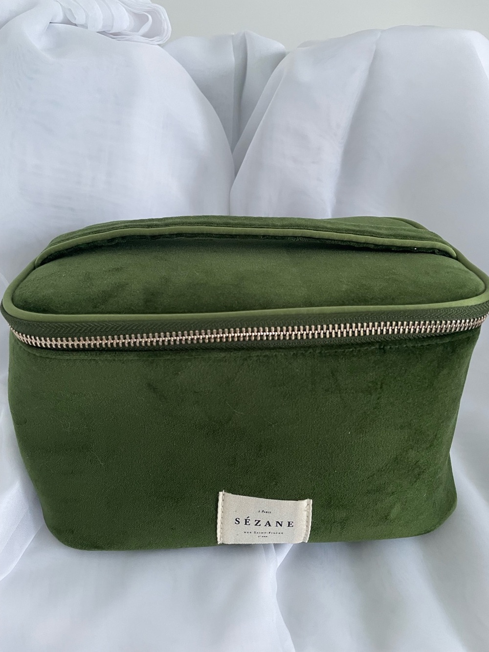 Sezane Olive Green Velvet Zip Vanity Case with Gold Hardware